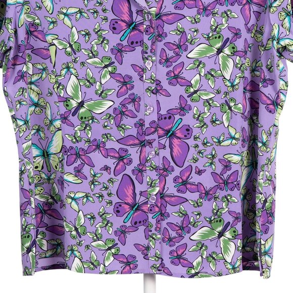 Notations Button Up Shirt XL Womens NEW Butterfly Purple Green Short Sleeve - Picture 3 of 6
